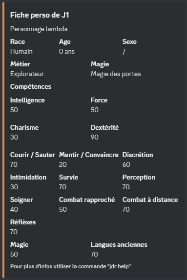 Image montrant le résultat de la commande pour afficher sa fiche de personnage pour un jeu de rôle