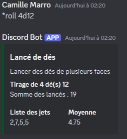 Image montrant le résultat de la commande de lancer de dés
